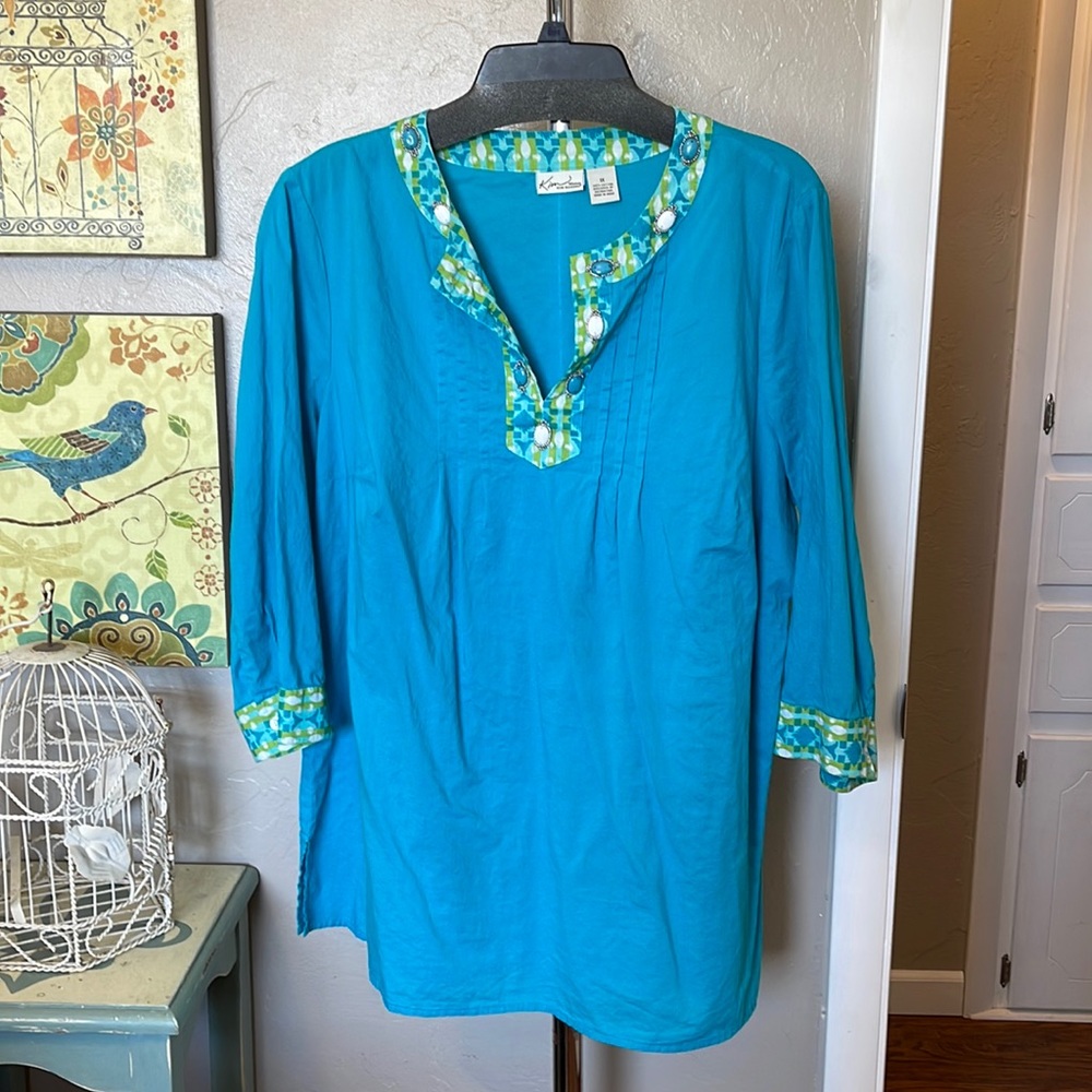 Kim Rogers Woman Resort Wear Tunic Top Teal Geo Collar & Cuffs Beaded Size 1X